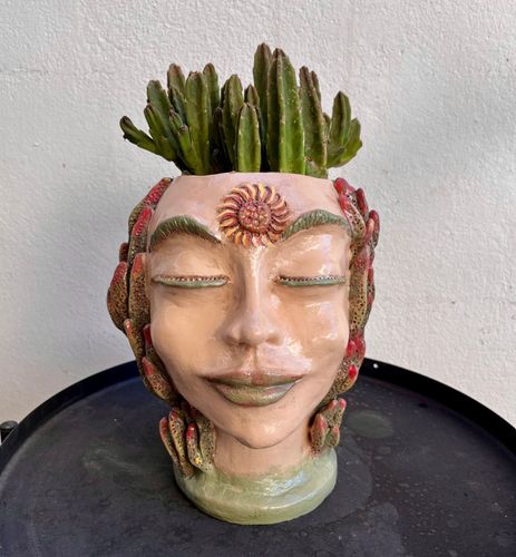 Keramik-Kopfvase mit Kakteen, Lanzarote Töpfern